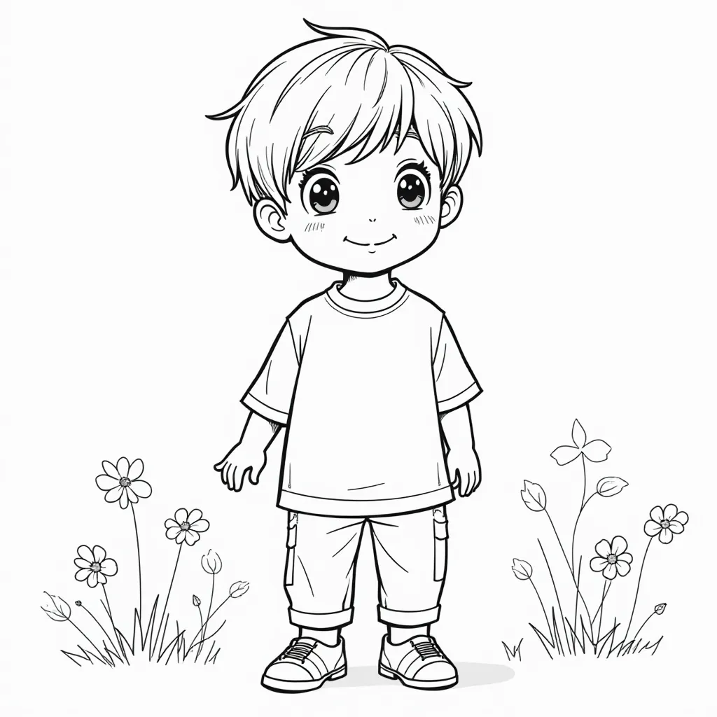Cute Boy with Flowers Coloring Page