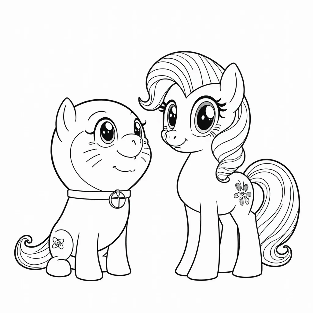 Cute Cat and Pony Coloring Page
