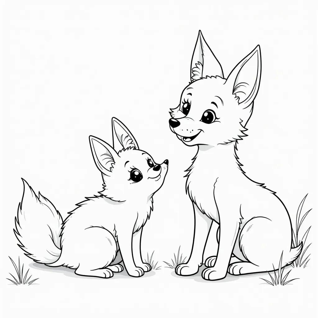 Cute Foxes Cartoon Line Art Coloring Page