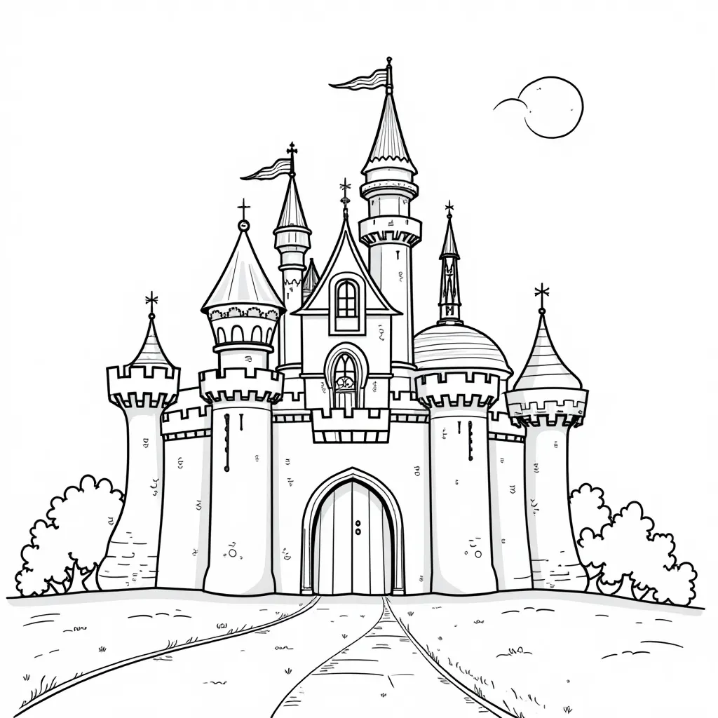 Fantasy Castle with Towers Coloring Page