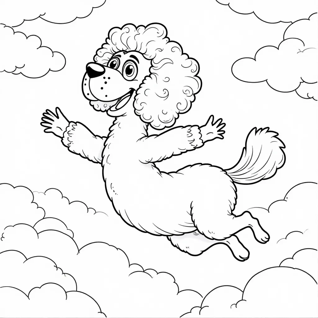 Flying Poodle in the Clouds Coloring Page