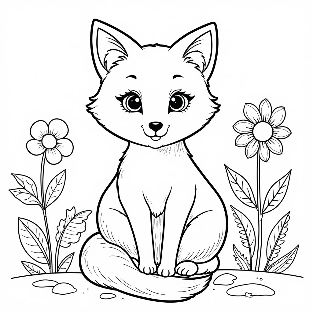 Cute Fox with Flowers Coloring Page