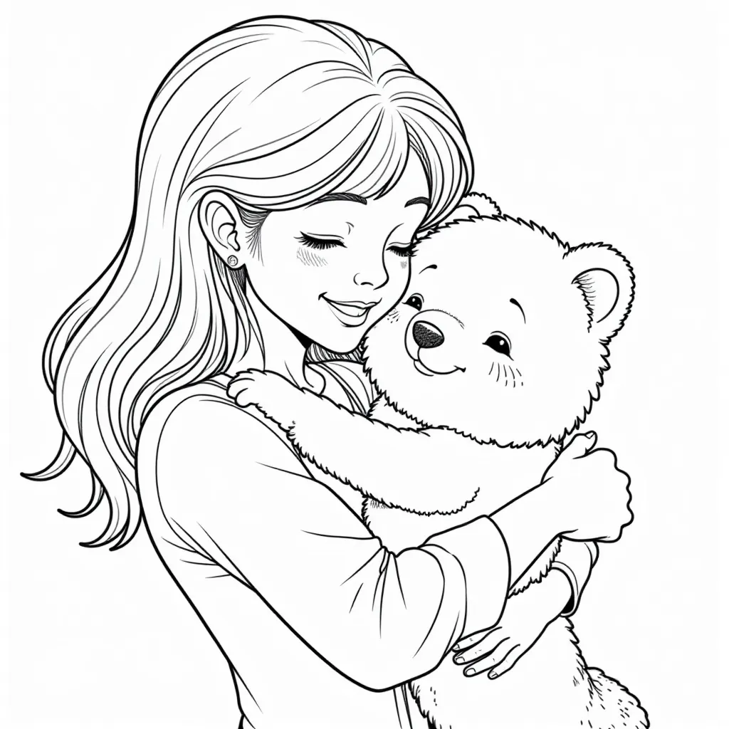 Girl Hugging Teddy Bear Coloring Page