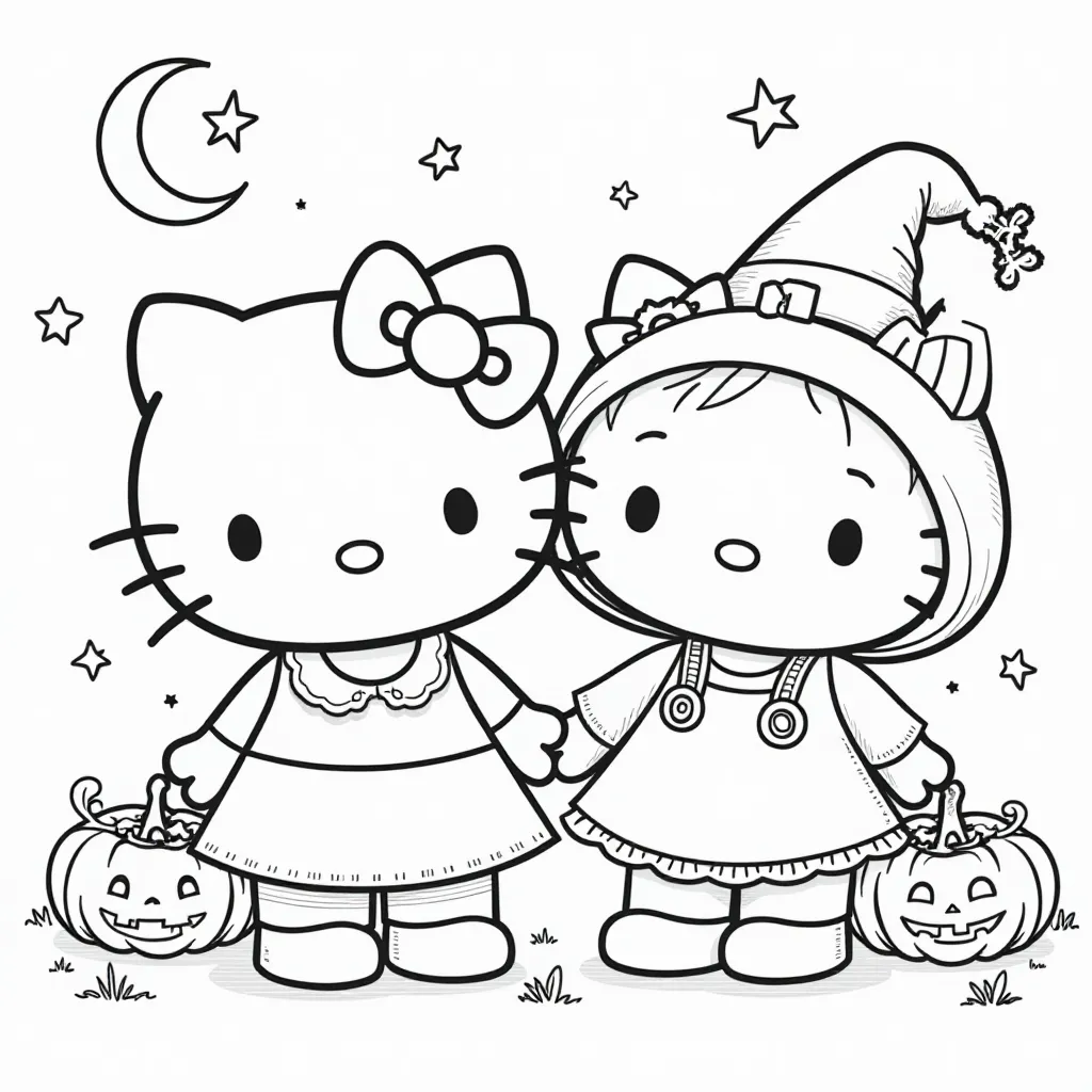 Halloween Hello Kitty Witch and Friends Coloring Page