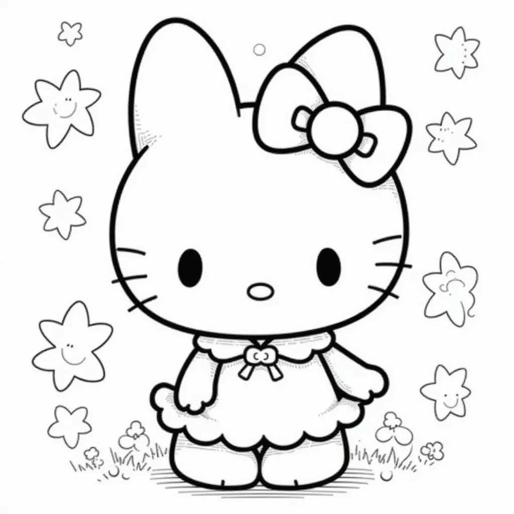 Cute Hello Kitty with Flowers Coloring Page