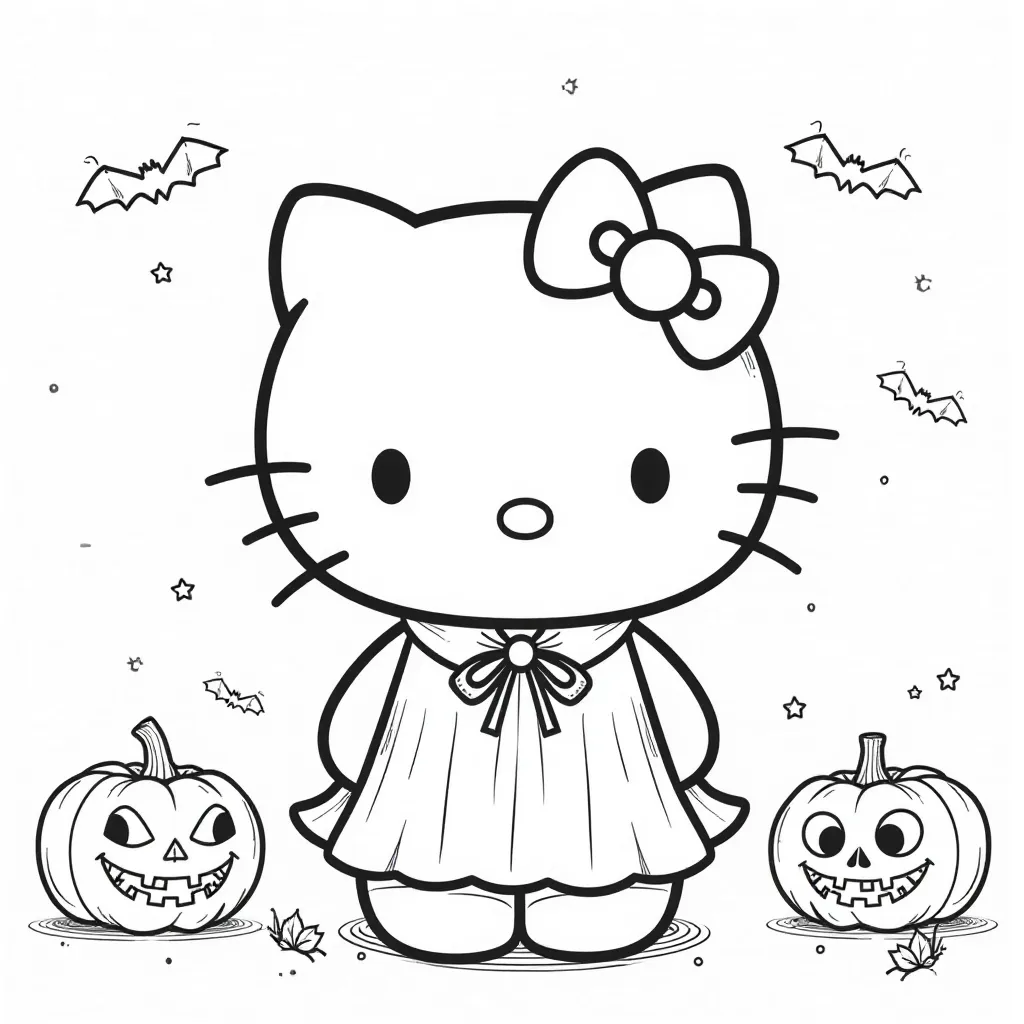 Hello Kitty Halloween Coloring Page with Pumpkins