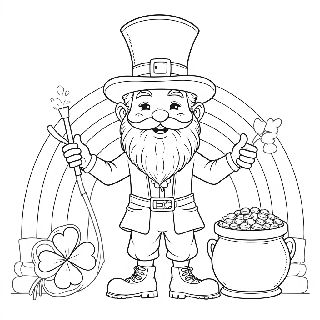 Leprechaun with Pot of Gold and Rainbow Coloring Page