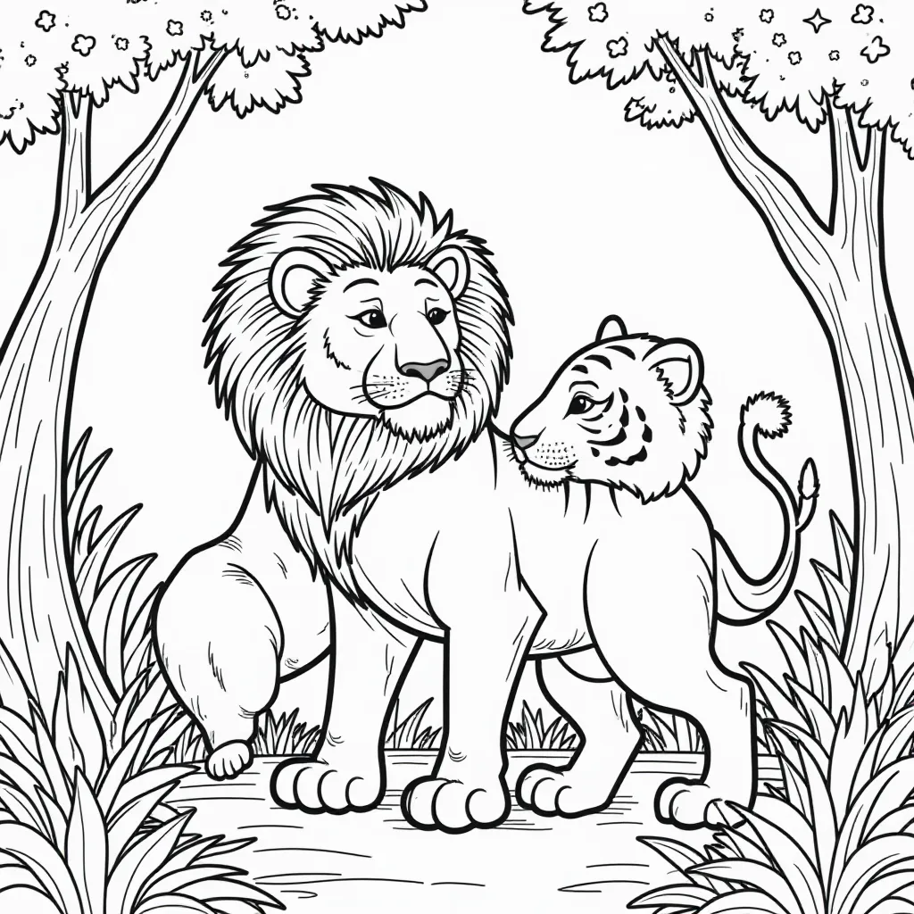 Lion and Tiger Together Coloring Page