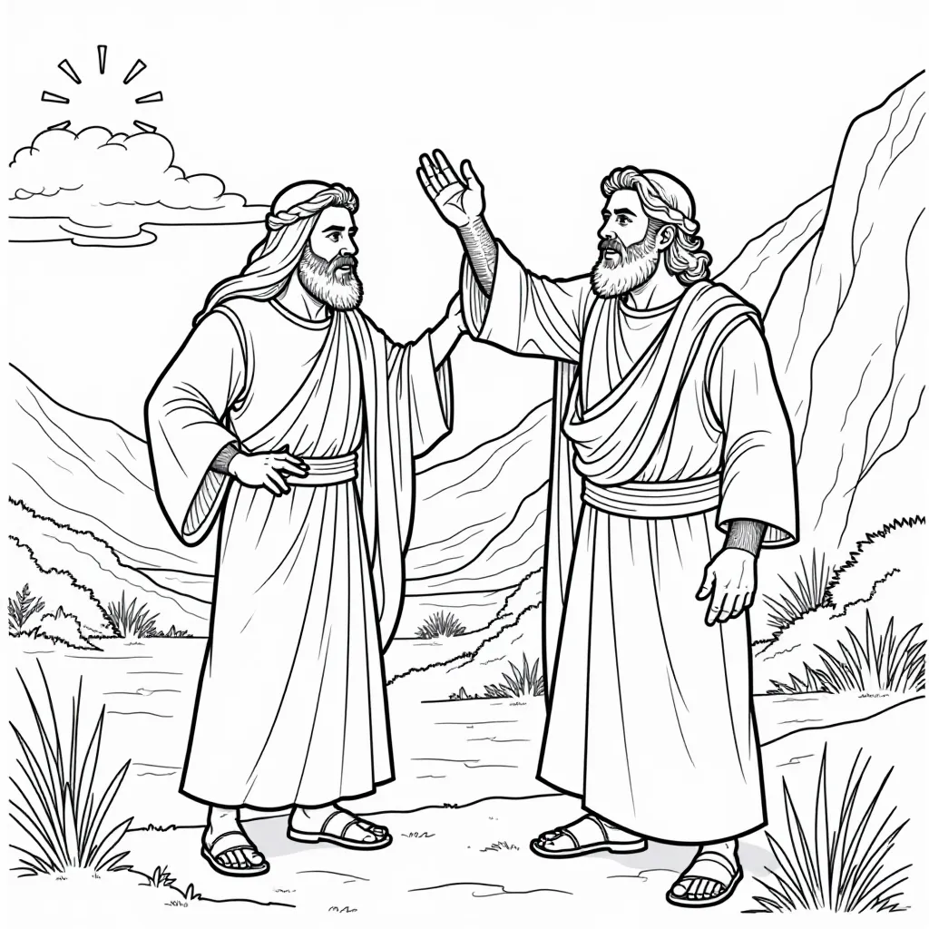Two Men in Robes Outdoor Scene Coloring Page
