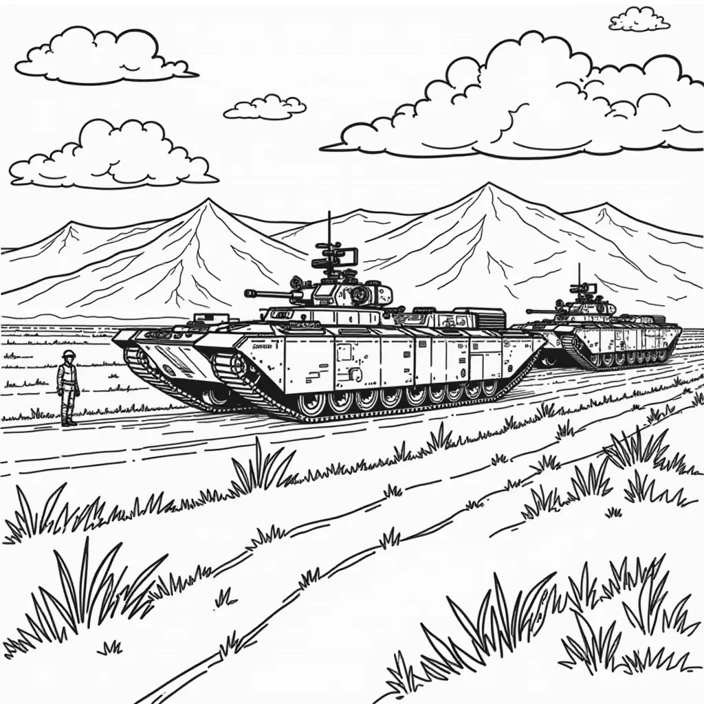 Military Tanks in Landscape Coloring Page