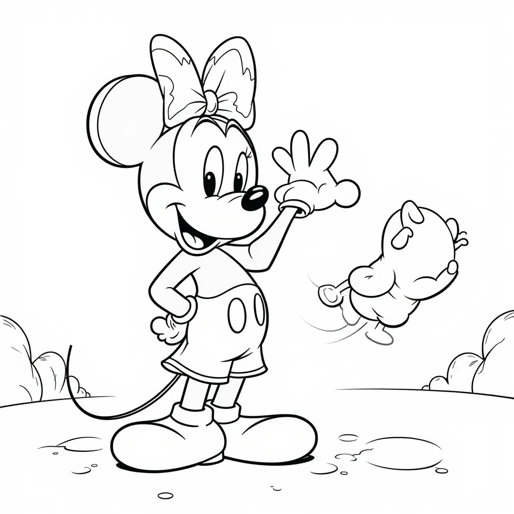 Minnie Mouse Waving with Jumping Friend Coloring Page