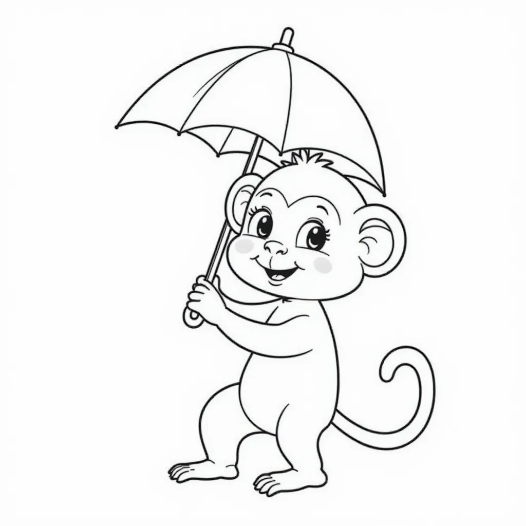 Cute Monkey with Umbrella Coloring Page