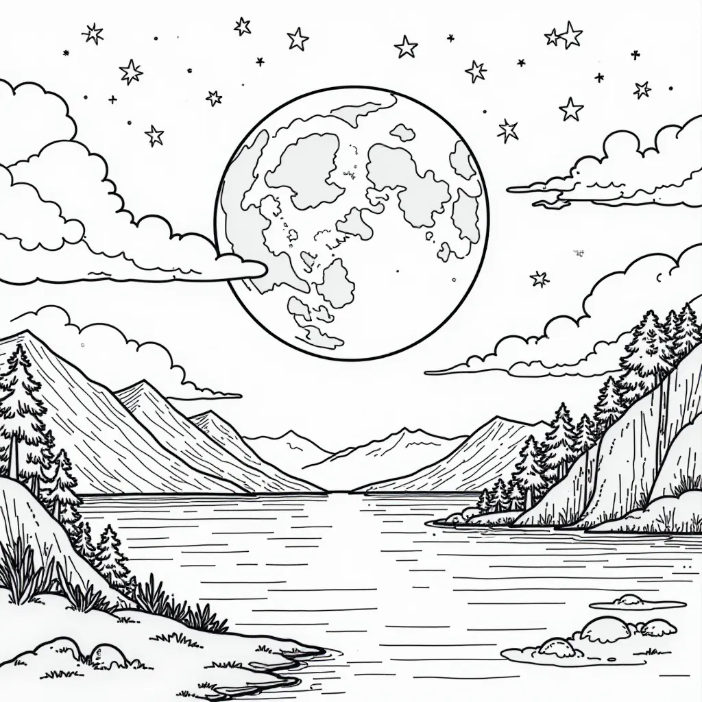 Moonlit Lake and Mountain Landscape Coloring Page