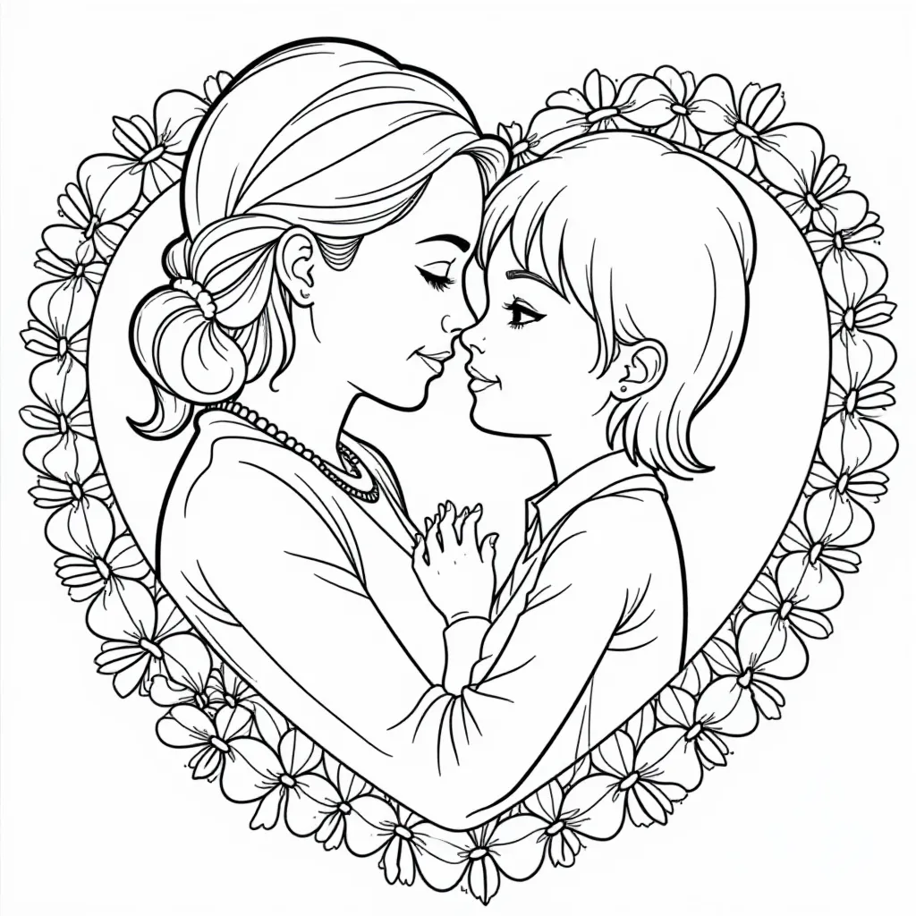 Mother and Child in Heart of Flowers Coloring Page