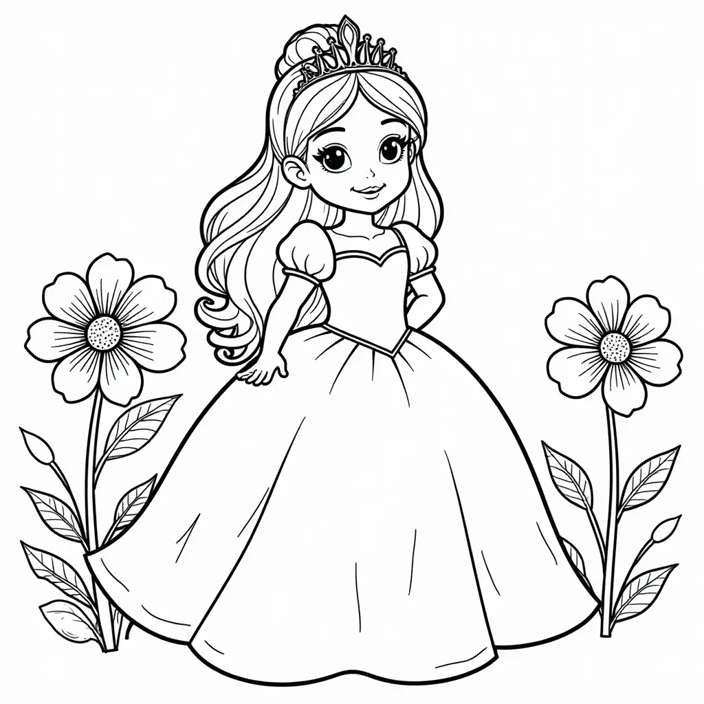 Princess with Flowers Line Art Coloring Page