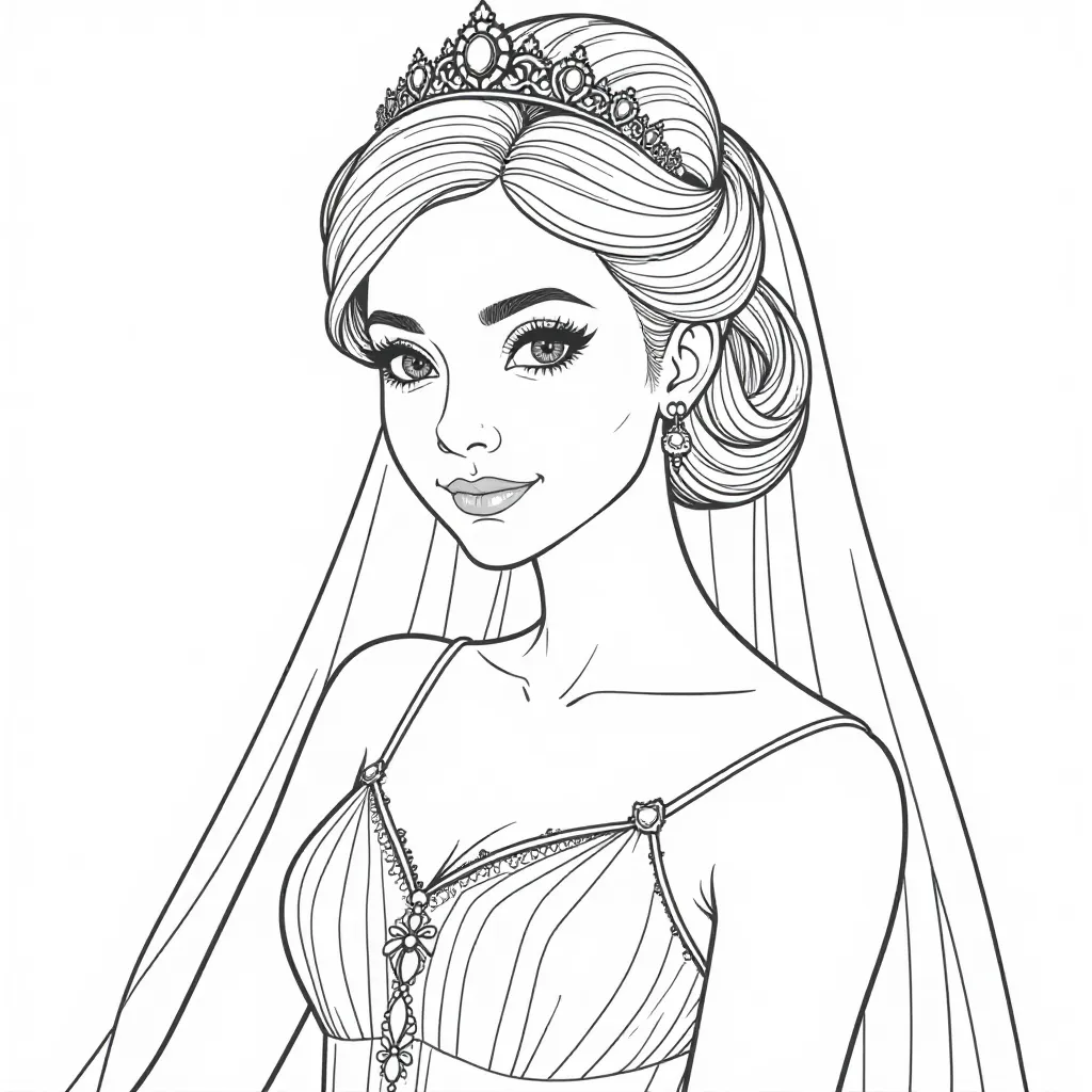 Elegant Princess with Tiara Coloring Page