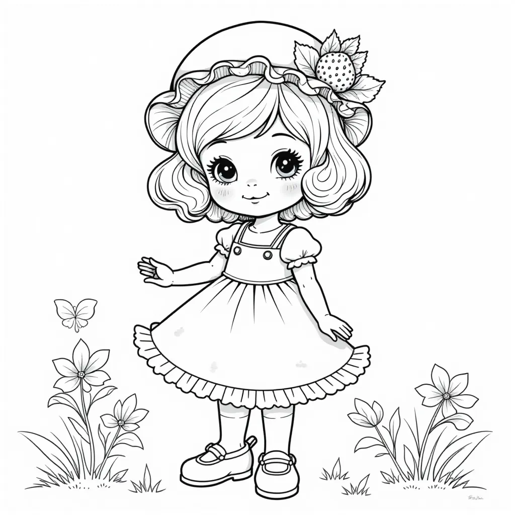 Cute Girl with Strawberry Hat Coloring Page