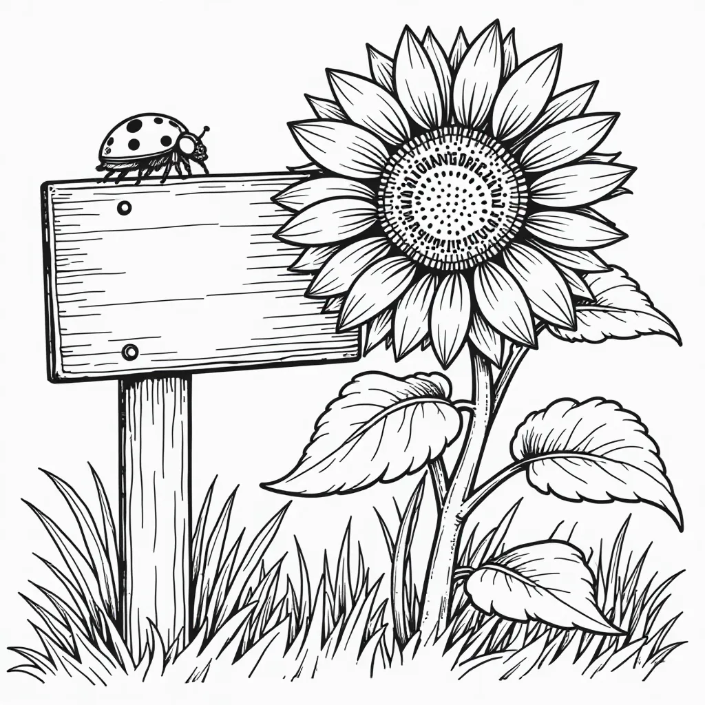 Sunflower, Ladybug, and Sign Coloring Page