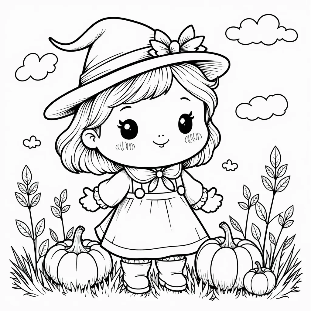 Cute Witch Girl with Pumpkins Coloring Page